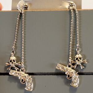 Hot Topic Silver Tone Skull Gun Dangle Earrings Punk Chain Jewelry 2.88" Punk